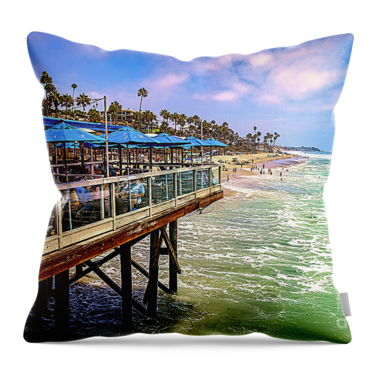 San Clemente Throw Pillow featuring the photograph San Clemente Pier with Blue Umbrellas by Roslyn Wilkins