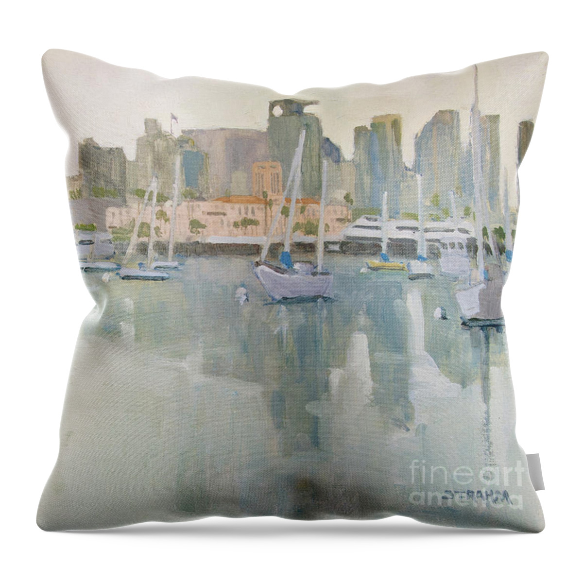 San Diego Throw Pillow featuring the painting San Diego bay, Harbor Drive by Paul Strahm