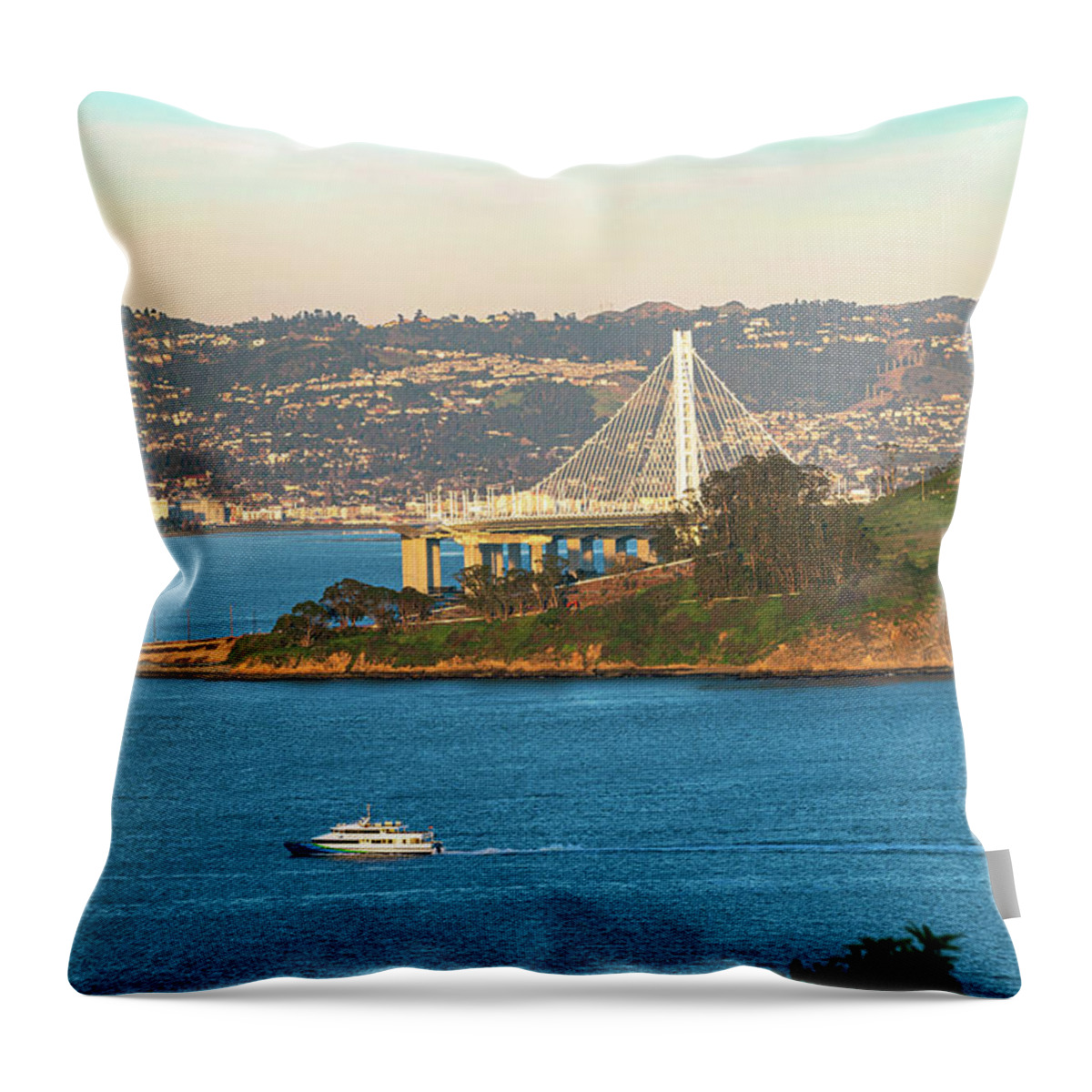 San Francisco Bay Throw Pillow featuring the photograph San Francisco Bay Bridge and Ferry by Bonnie Follett