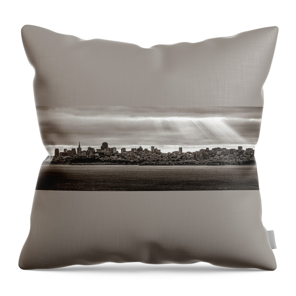 San Francisco Skyline Throw Pillow featuring the photograph San Francisco California Rays Of Light - Sepia Panorama by Gregory Ballos