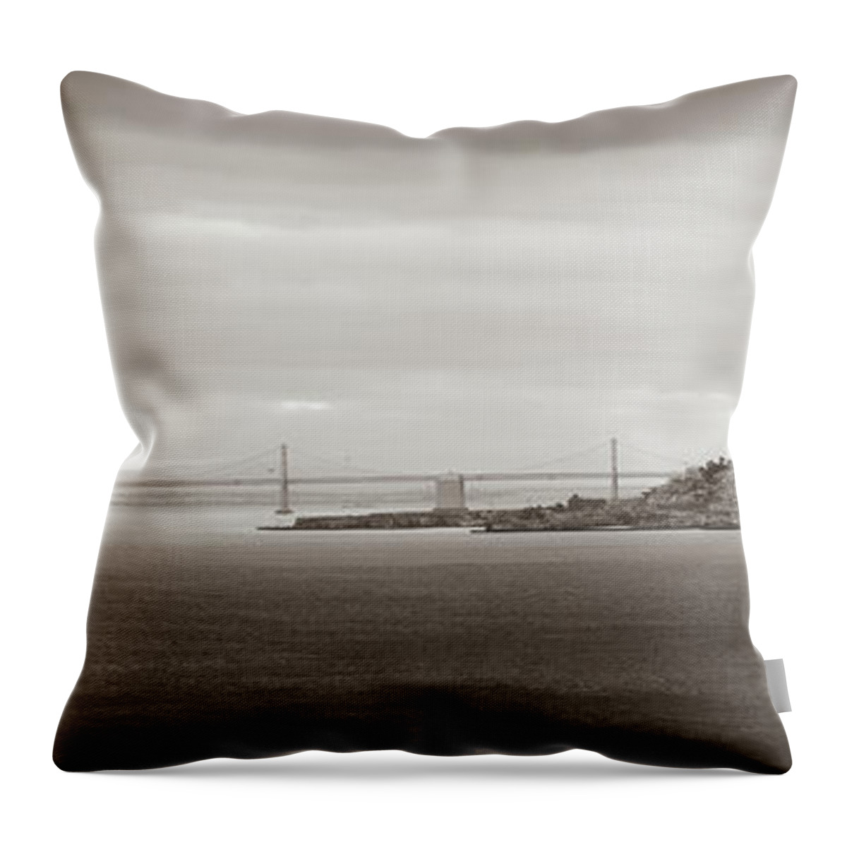San Francisco Throw Pillow featuring the photograph San Francisco - Oakland California Bay Bridge Panorama In Sepia by Gregory Ballos