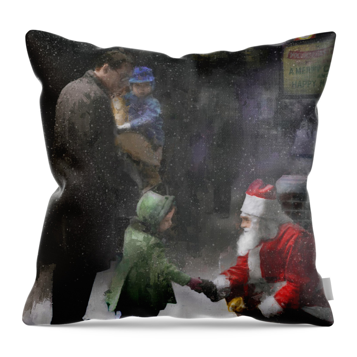 Chicago Throw Pillow featuring the painting Santa Says Thank You - Chicago State Street 1960s by Glenn Galen