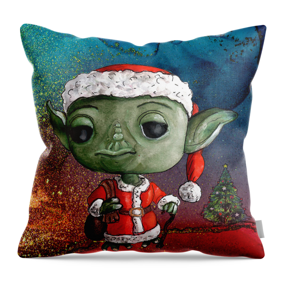 Star Wars Throw Pillow featuring the painting Santa Yoda Funko Pop by Miki De Goodaboom