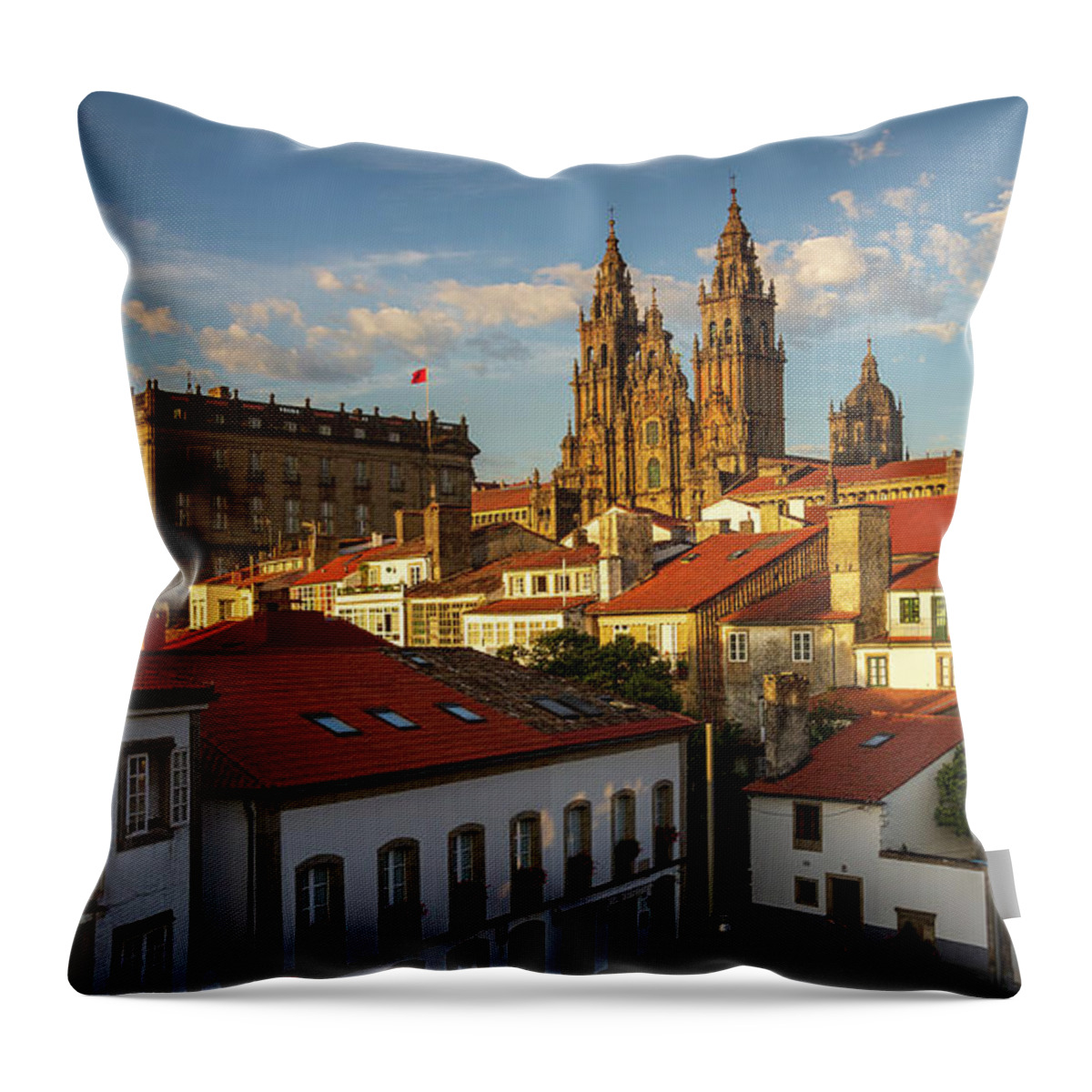 Way Throw Pillow featuring the photograph Santiago de Compostela Cathedral Spectacular View with Sun Light Hitting the facade and Tiled Roofs La Corua Galicia by Pablo Avanzini