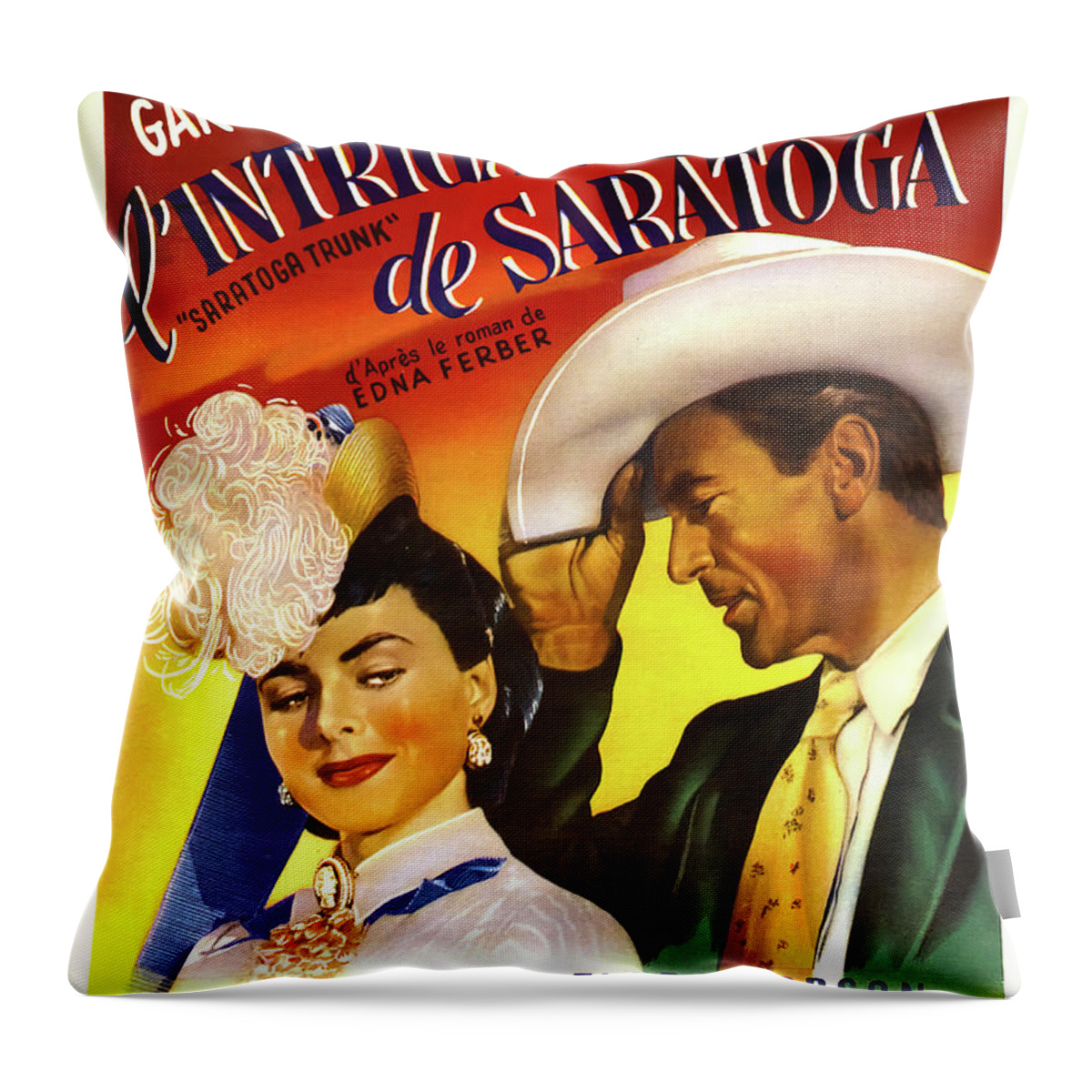 Saratoga Throw Pillow featuring the mixed media ''Saratoga Trunk'', with Gary Cooper and Ingrid Bergman, 1946 #1 by Movie World Posters