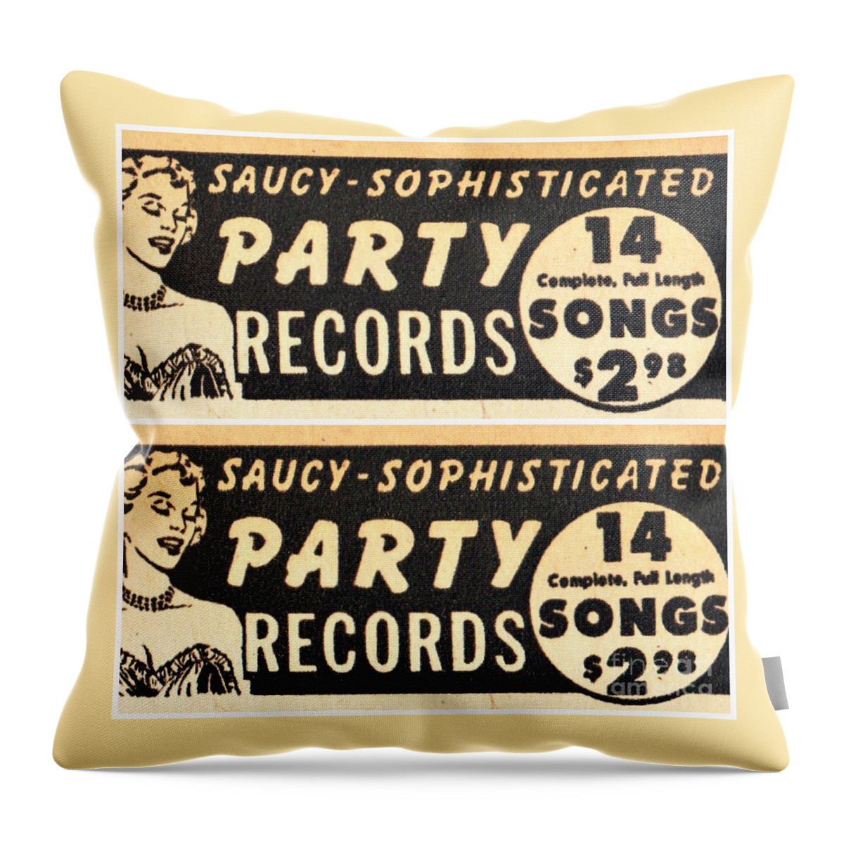 Vintage Throw Pillow featuring the mixed media Saucy Paryt Records by Sally Edelstein