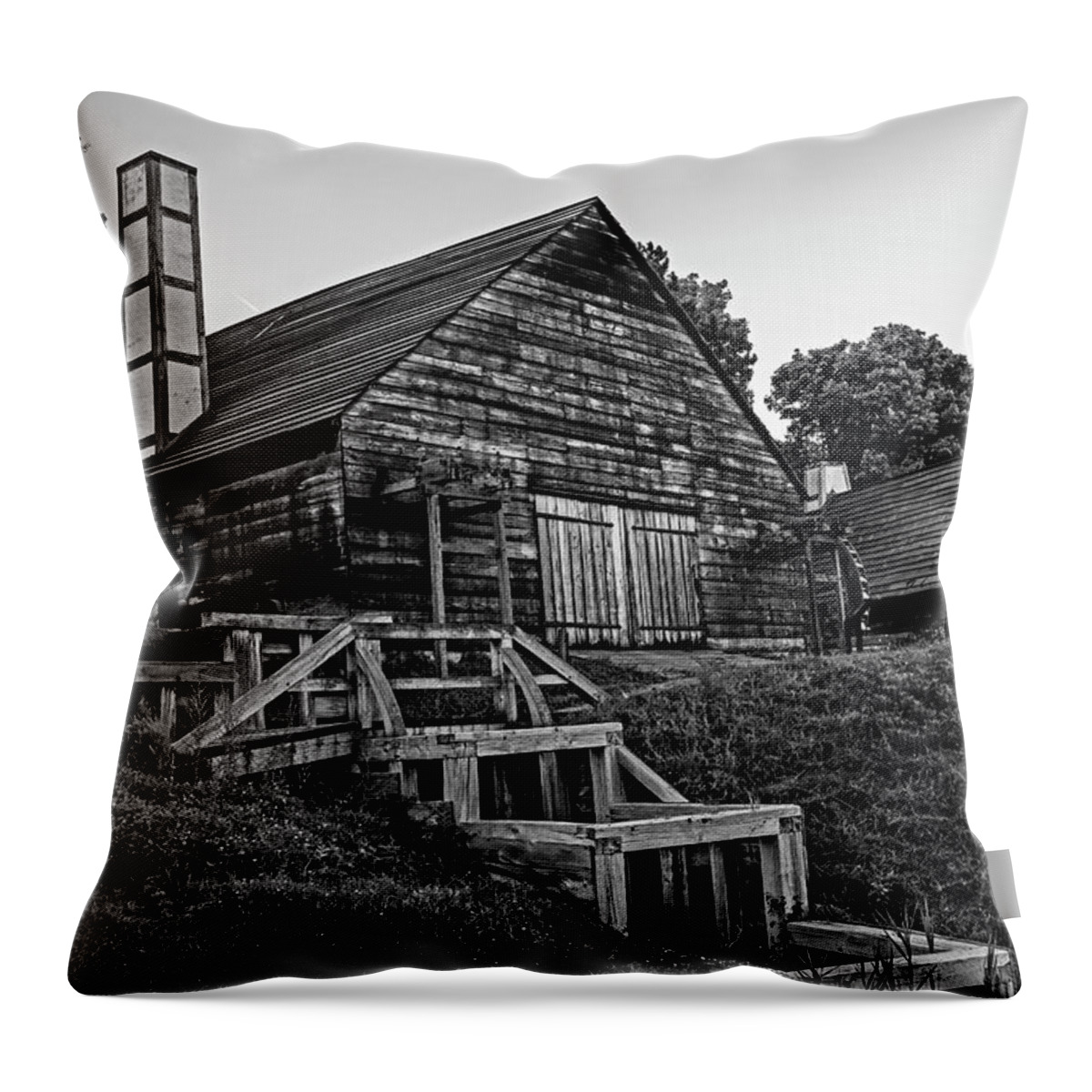 Saugus Throw Pillow featuring the photograph Saugus Iron Works National Park Saugus Massachusetts Mills wooden buildings Black and White by Toby McGuire