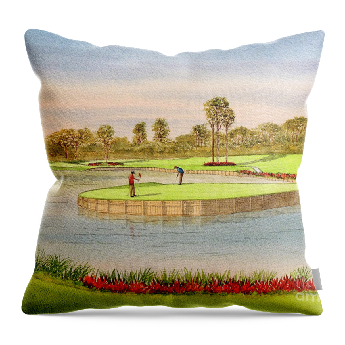 Sawgrass 17th Hole Throw Pillow featuring the painting Sawgrass Golf Course 17th Green Putting Out by Bill Holkham