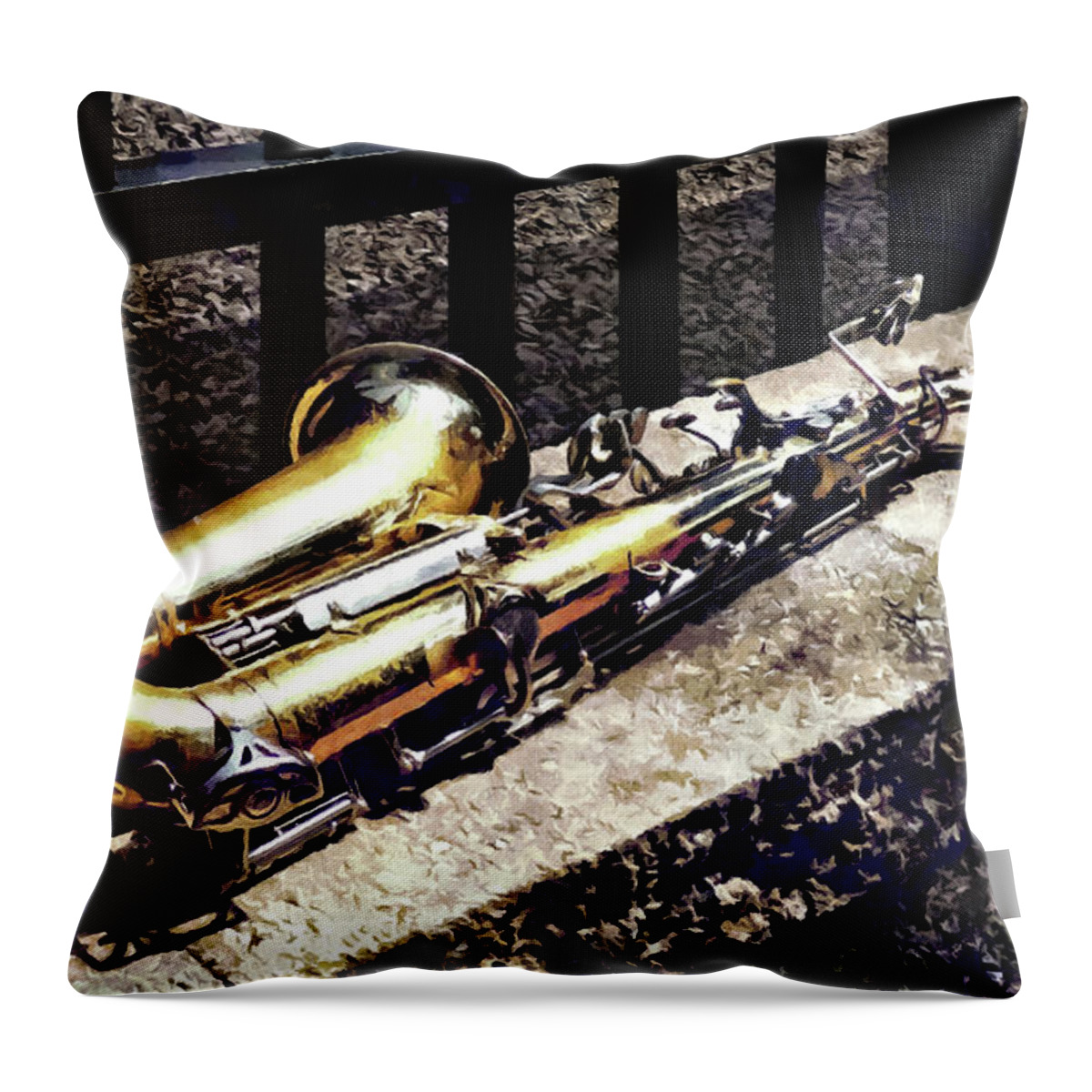 Saxophone Throw Pillow featuring the photograph Saxophone on Wall by Susan Savad