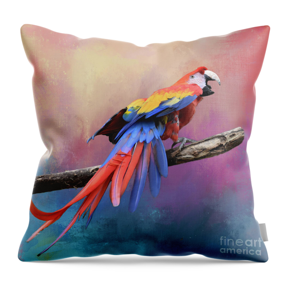 Scarlet Macaw Throw Pillow featuring the mixed media Scarlet Macaw by Kathy Kelly