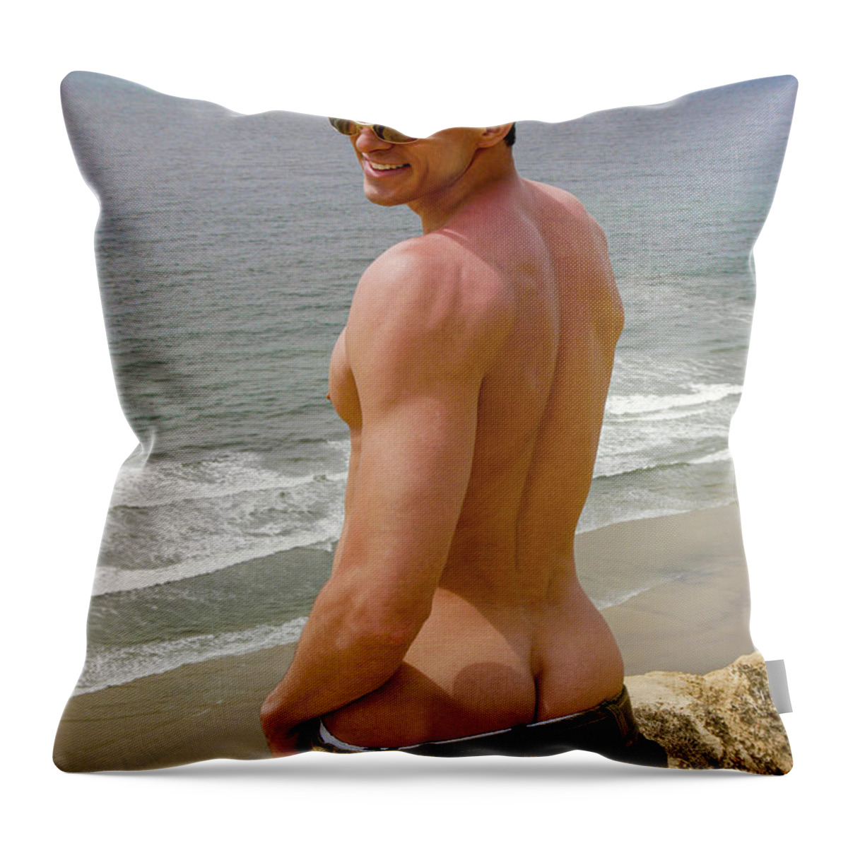 Young Throw Pillow featuring the photograph Scenic View of nature and an almost nude handsome man. by Gunther Allen