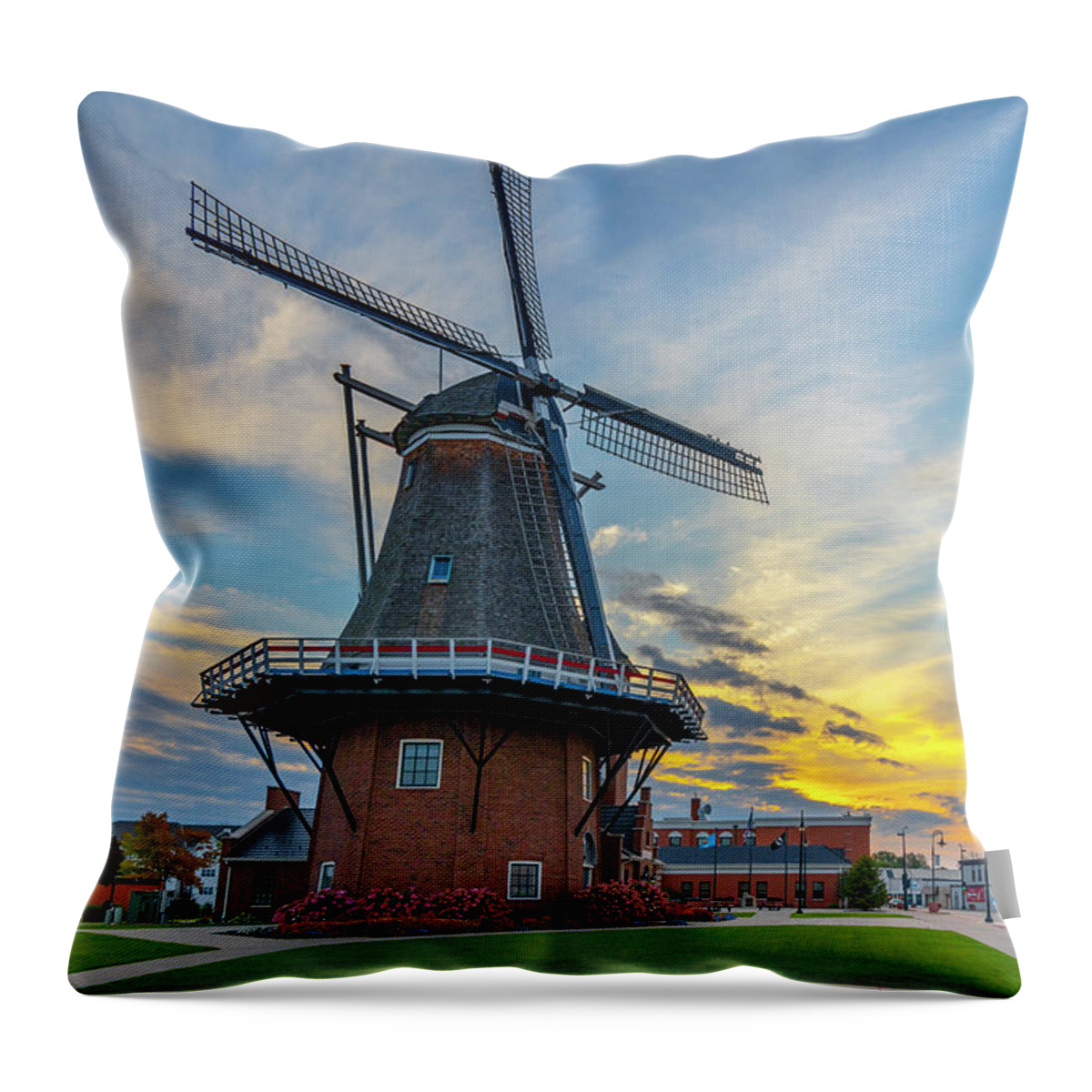 Scenic Throw Pillow featuring the photograph Scenic Windmill in Little Chute, WI at daybreak by James Brey