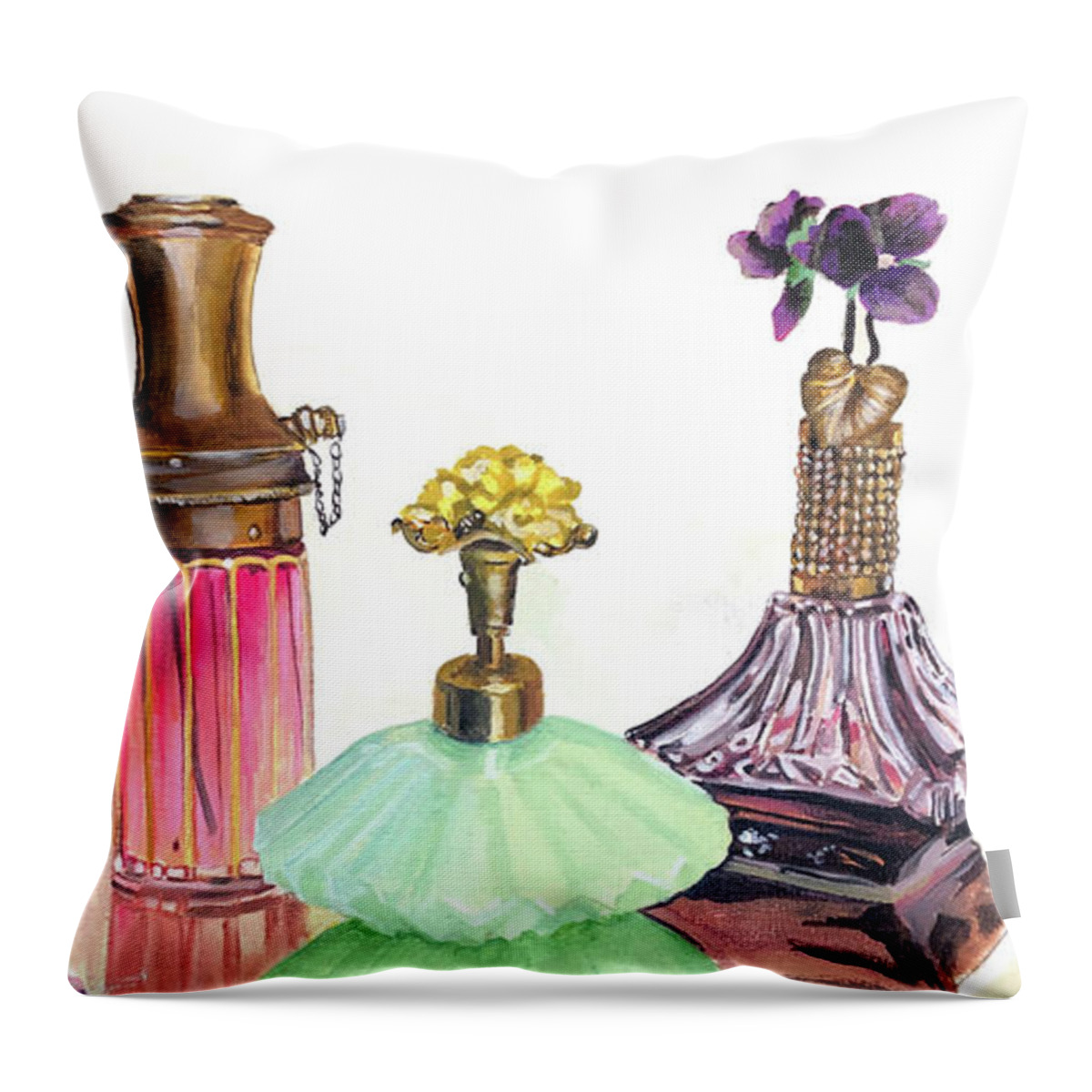 Perfume Bottles Throw Pillow featuring the painting Scent of a Woman by Gail Chandler