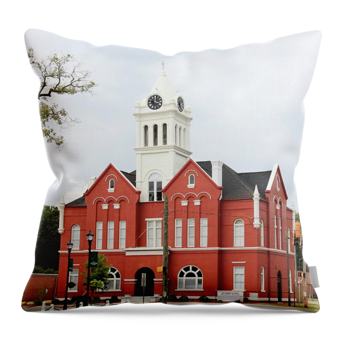 Schley Courthouse Ellaville Schley Ellaville Courthouse Stores Square Caylee Hammock Brent Cobb Throw Pillow featuring the photograph Schley County Courthouse 2 by Jerry Battle