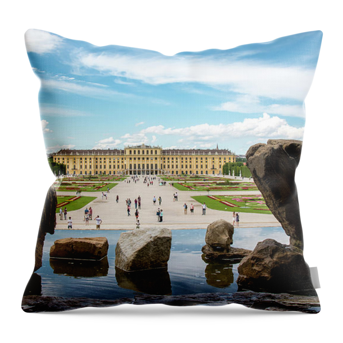 Schonbrunn Palace Throw Pillow featuring the photograph Schonbrunn Palace through the Rocks and Fountain by Matthew DeGrushe