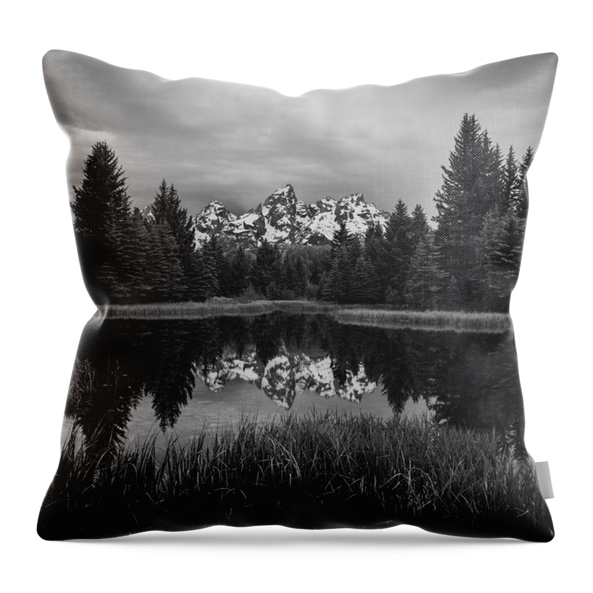 Black And White Mountains Throw Pillow featuring the photograph Schwabachers Reflection Black And White by Dan Sproul