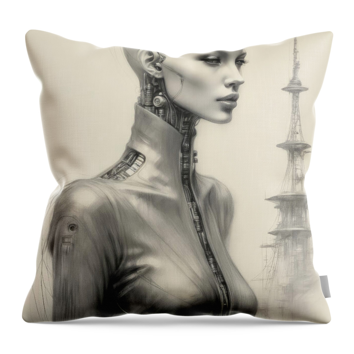 Cyborg Throw Pillow featuring the drawing Science Fiction Drawing - The Future belongs to me No.3 by My Head Cinema