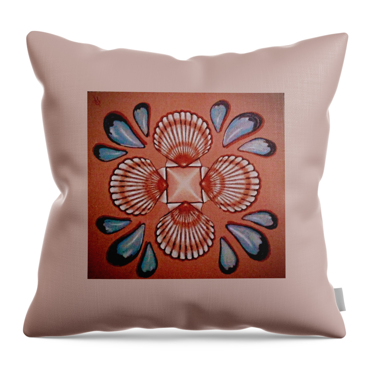 Shells Throw Pillow featuring the painting Scallop and Mussel Seashell Mandala by James RODERICK