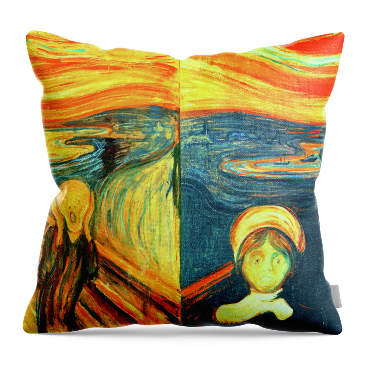 The Scream Throw Pillow featuring the digital art Scream and Anxiety by Edvard Munch - collage by Nicko Prints