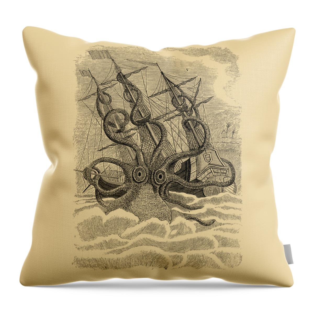 Kraken Throw Pillow featuring the digital art Sea Monster And Sinking Ship by Madame Memento
