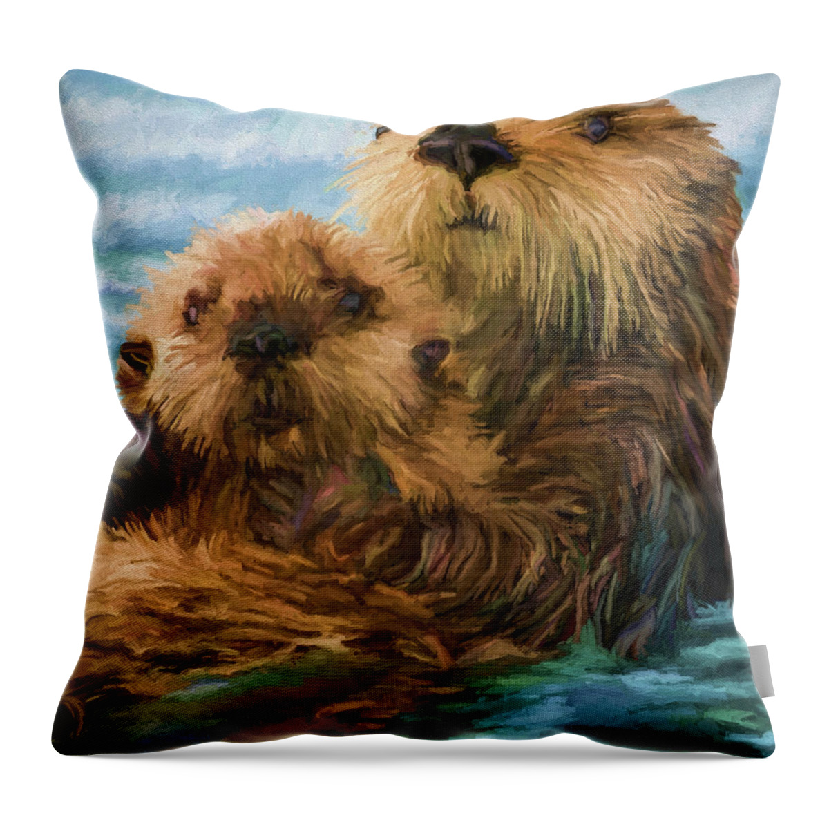 Animal Throw Pillow featuring the painting Sea Otter Mom and Pup by David Wagner