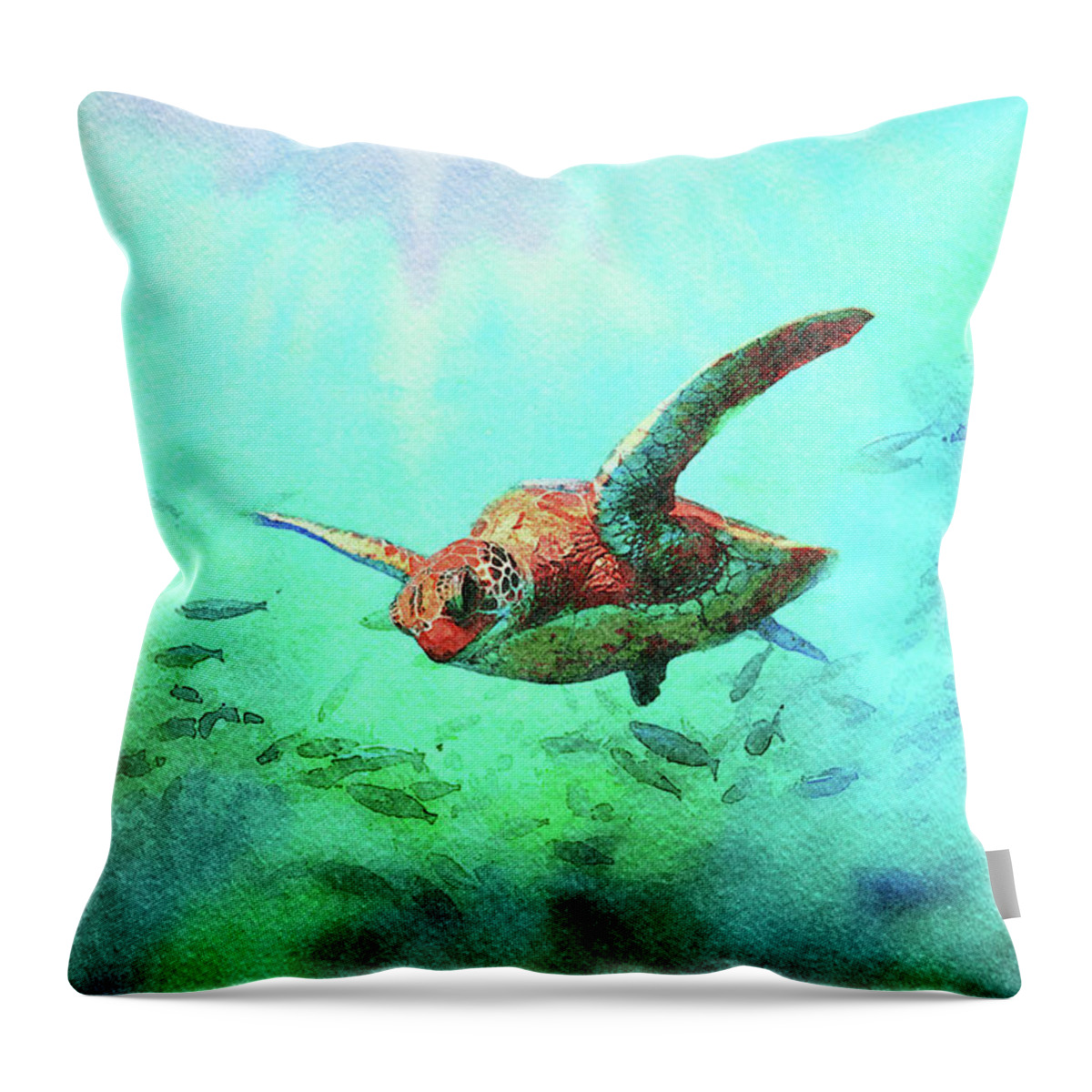 Sea Throw Pillow featuring the mixed media Sea Turtle and Fish in the Sunlight by Shelli Fitzpatrick