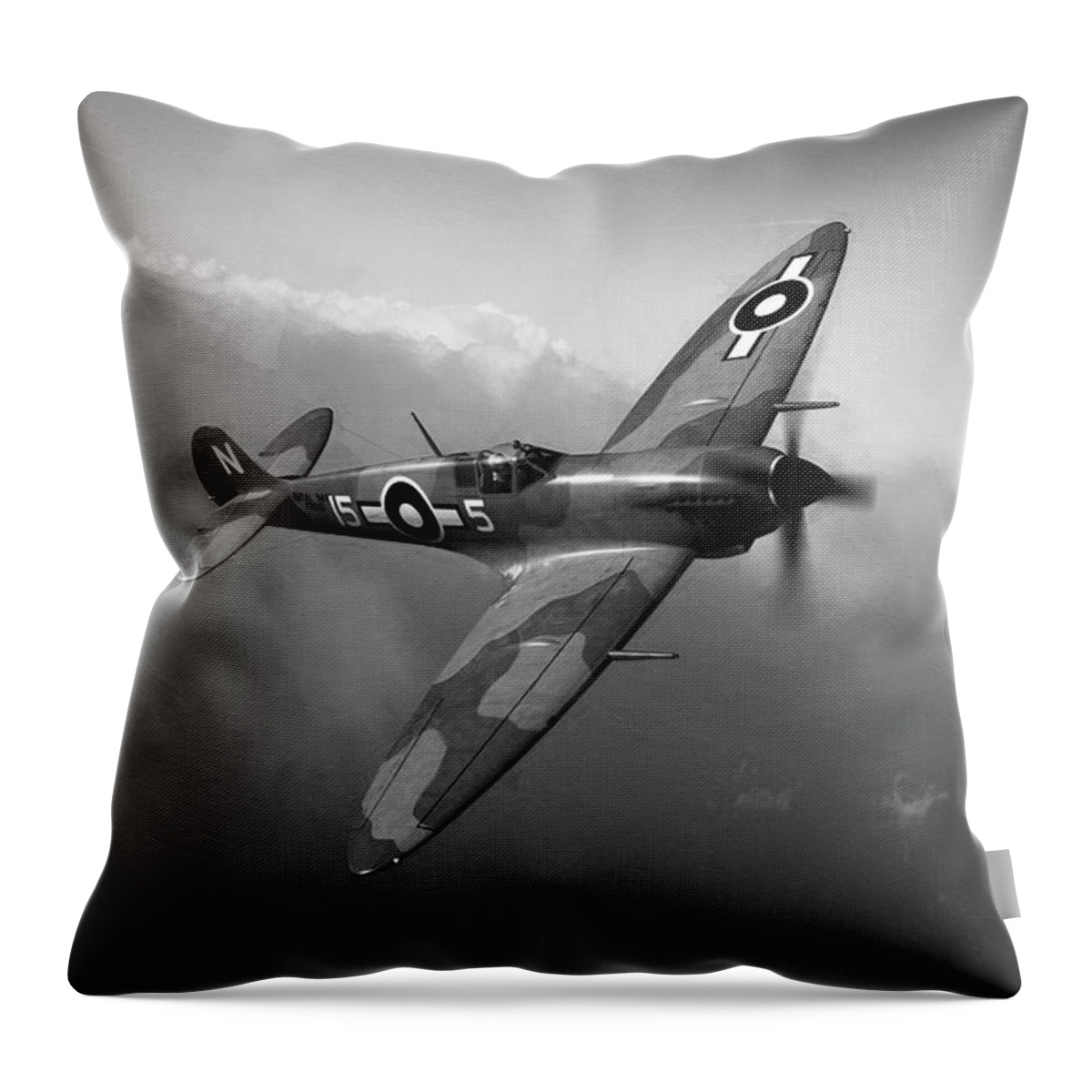 Wwii Throw Pillow featuring the digital art Seafire Over Sea - Monochrome by Mark Donoghue
