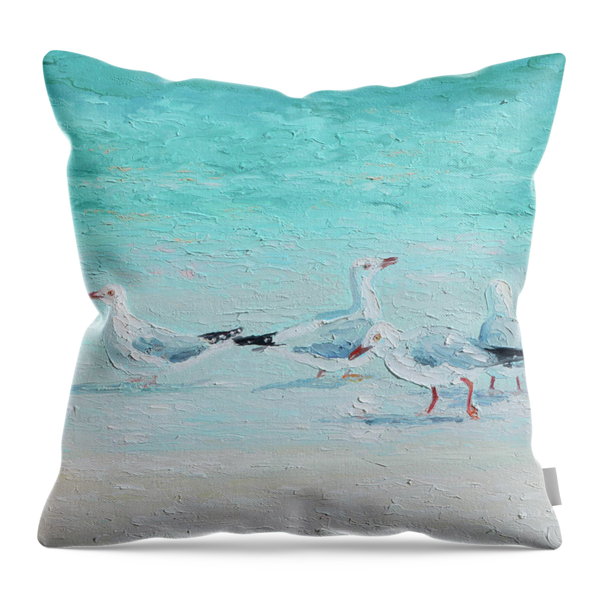 Seagulls Throw Pillow featuring the painting Seagulls, meeting of minds by Jan Matson
