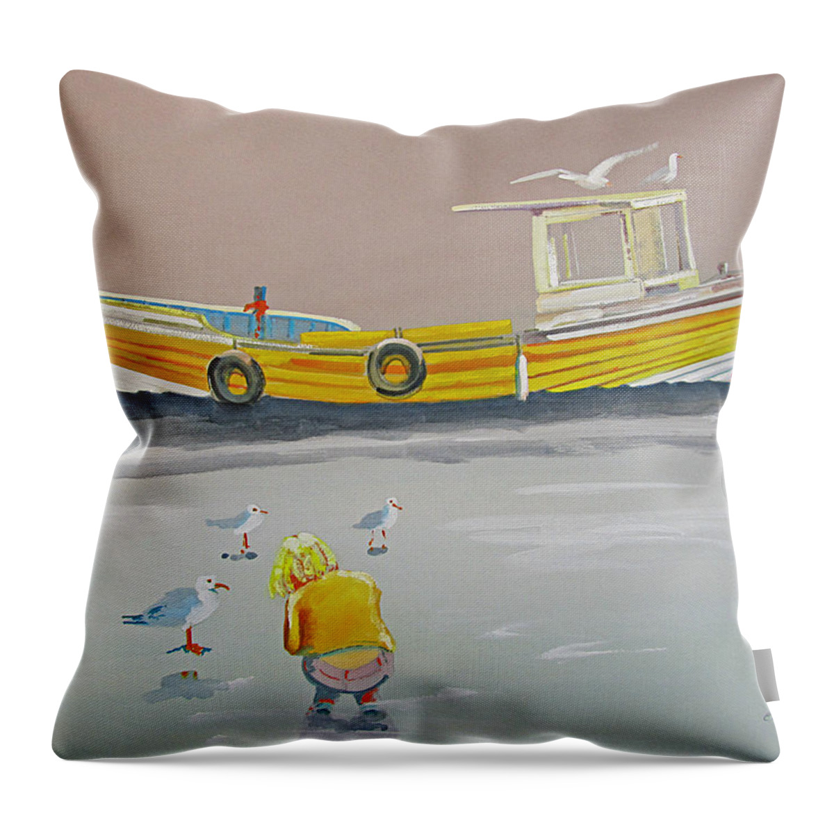 Fishing Boat Throw Pillow featuring the painting Seagulls With Fishing Boat by Charles Stuart