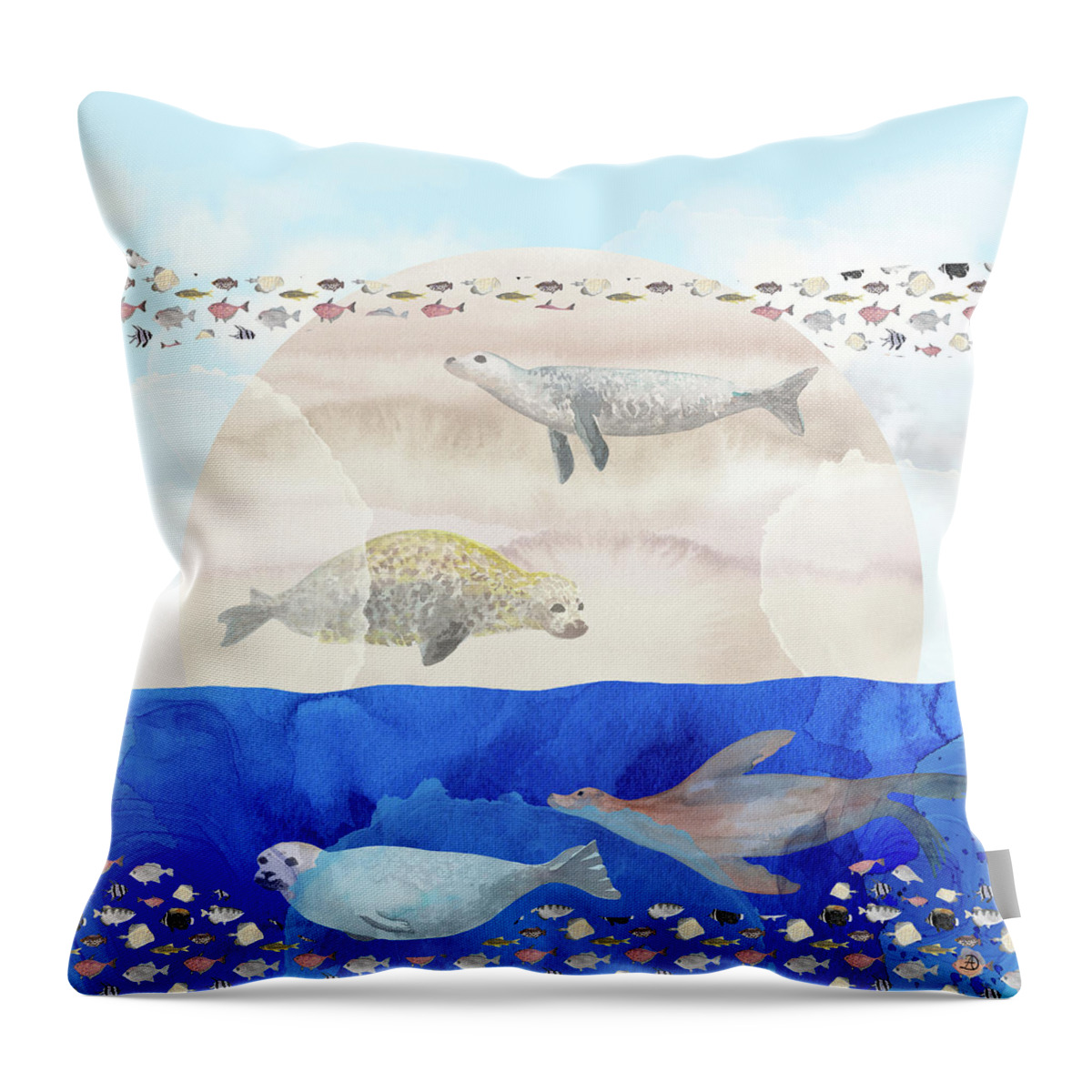 Seals Throw Pillow featuring the digital art Seals, Sand, Ocean, Sun - A Surreal Dream by Andreea Dumez