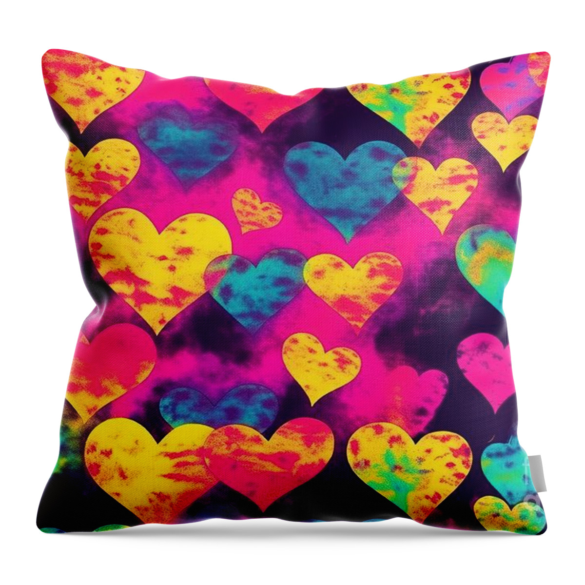 Seamless Throw Pillow featuring the painting Seamless Grungy Psychedelic Rainbow Heatmap Hearts Background Texture Trendy 80s Pink And Yellow Abstract Dopamine Dressing Love Or Valentines Day Fashion Motif Or Colorful Neon Wallpaper Pattern by N Akkash