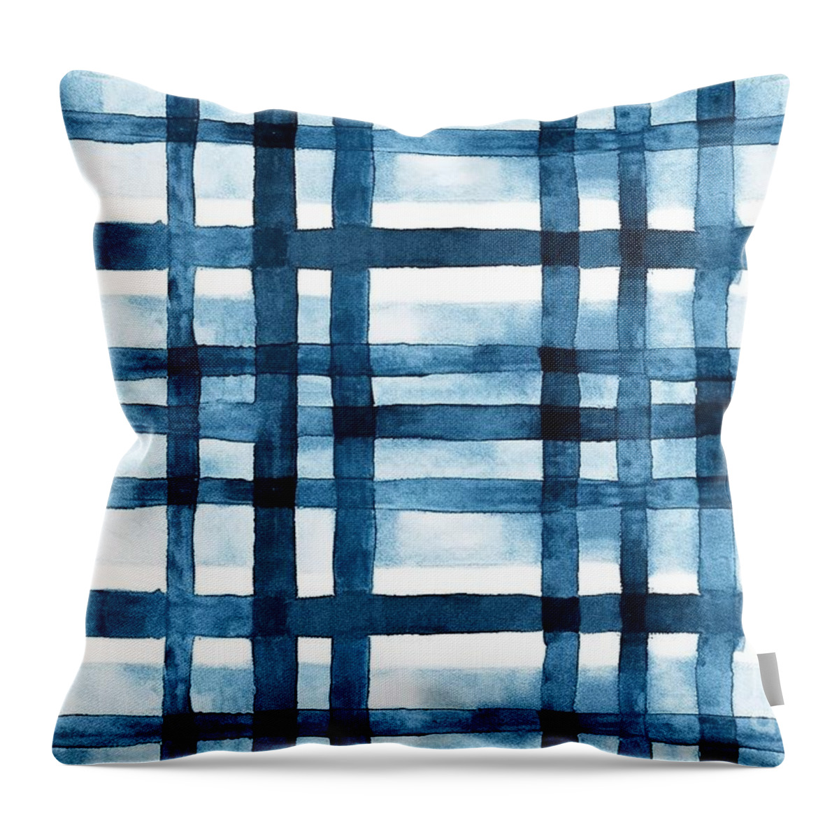 Seamless Throw Pillow featuring the painting Seamless Hand Drawn Watercolor Gingham Window Pane Grid Plaid Stripes Pattern In Indigo Blue And White Baby Boy Or Nautical Theme High Resolution Textile Texture Background by N Akkash