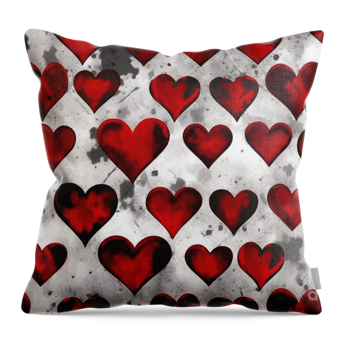 Seamless Throw Pillow featuring the painting Seamless Hearts Playing Card Suit Pattern Painted With Black White And Red Paint Tileable Grunge Hand Drawn Valentines Day Wallpaper Love Design Motif Gaming Gambling Or Poker Background Texture by N Akkash