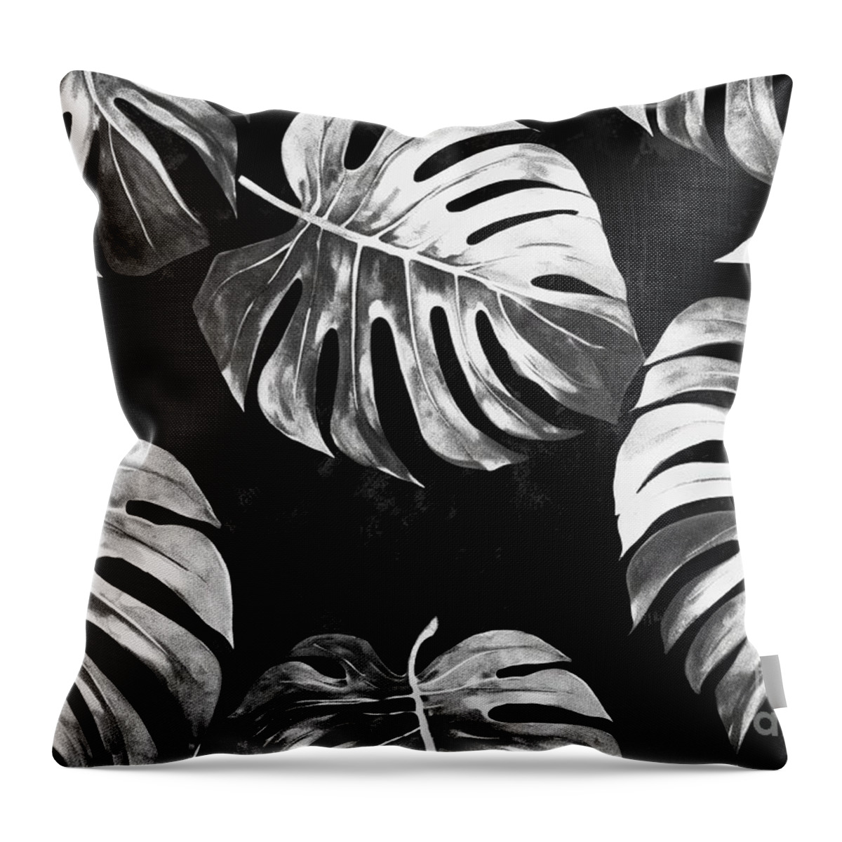 Seamless Throw Pillow featuring the painting Seamless Painted Monstera Jungle Leaves Black And White Artistic Acrylic Paint Texture Background Tileable Creative Grunge Monochrome Hand Drawn Fall Foliage Motif Wallpaper Surface Pattern Design by N Akkash
