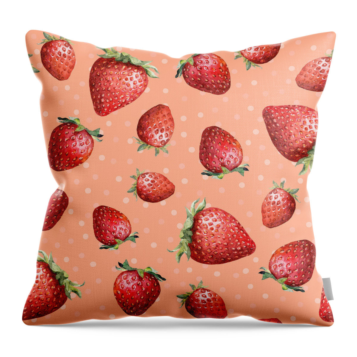 Strawberry Throw Pillow featuring the drawing Seamless pattern with colorful strawberry on pink background with peas design. Watercolor picture by Julien