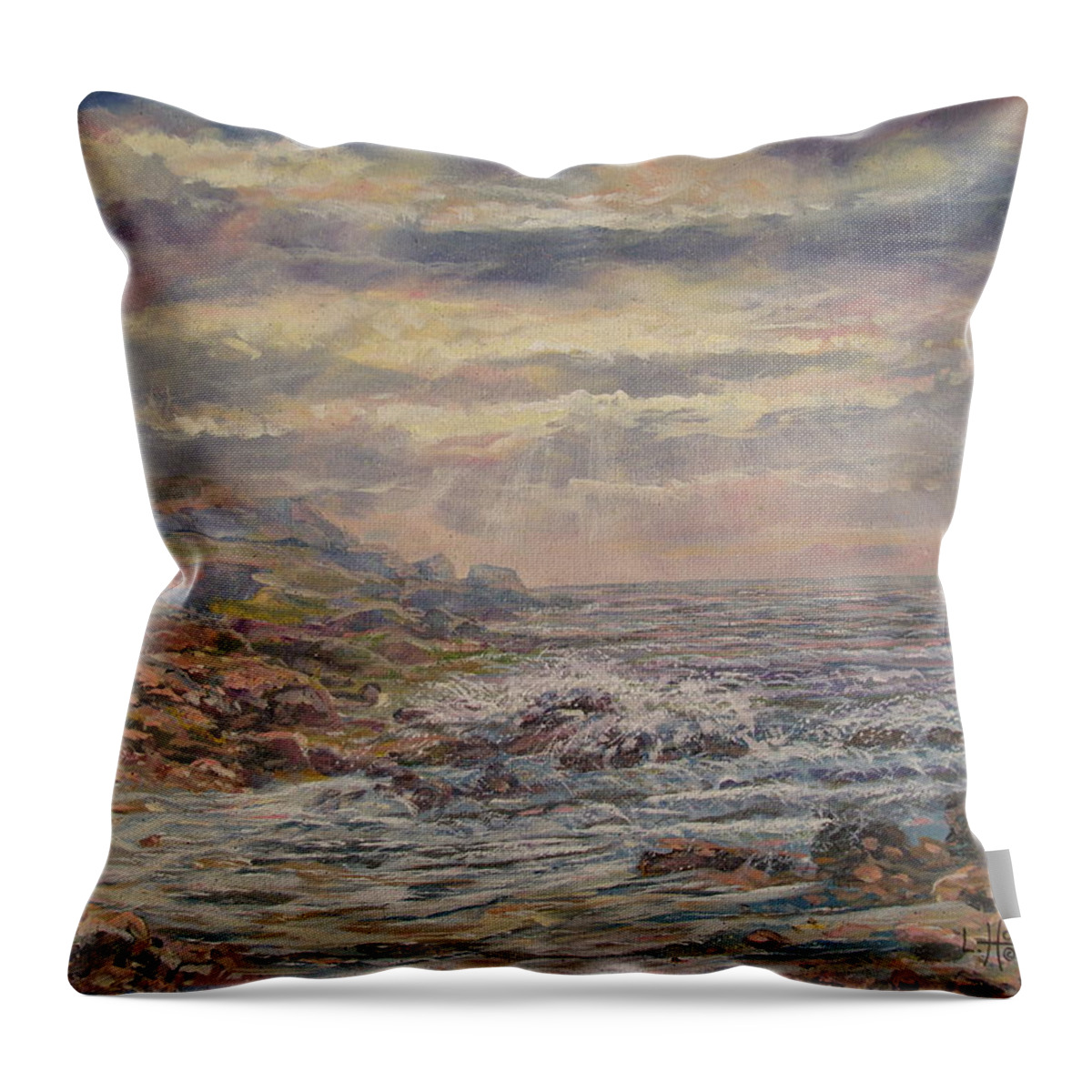 Landscape Throw Pillow featuring the painting Seascape With Clouds. by Leonard Holland
