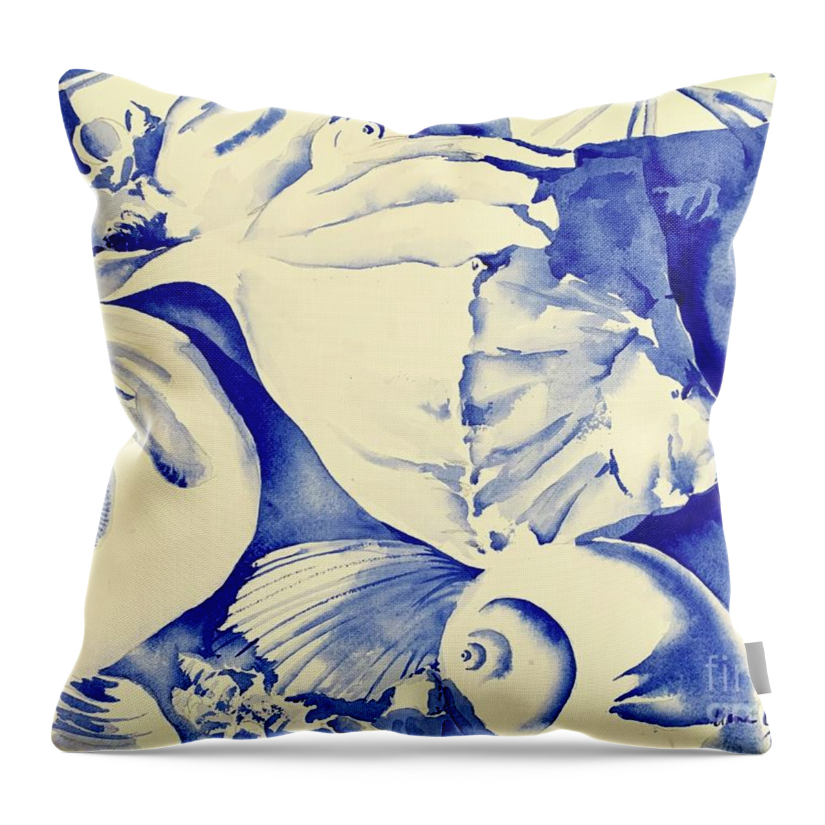 Seashells Throw Pillow featuring the painting Seashells in Blue by Liana Yarckin
