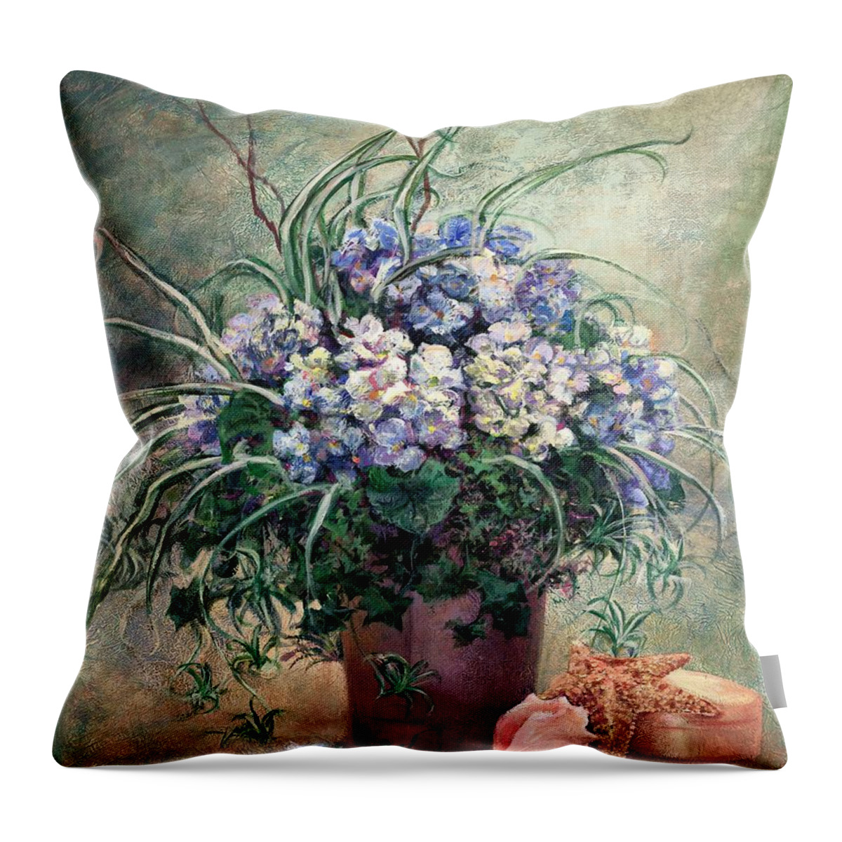 Hydrangeas Sea Shells Throw Pillow featuring the painting Seashore Hydrangeas by Laurie Snow Hein