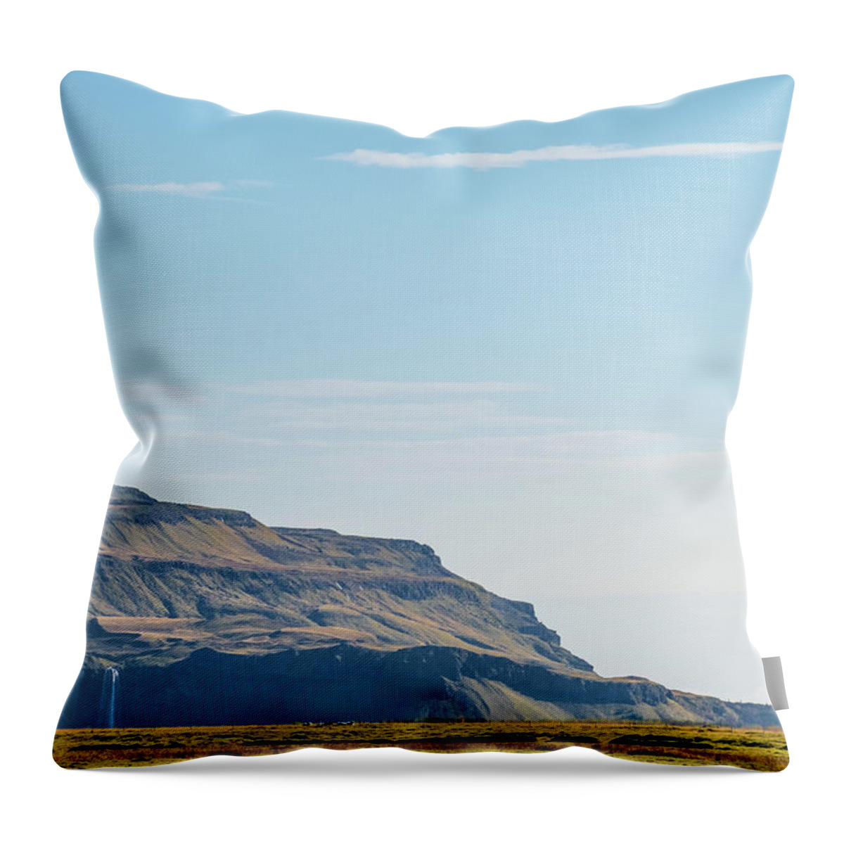 Seljalandsfoss Throw Pillow featuring the photograph Seljalandsfoss Waterfall and Eyjafjoll Mountain Range in Iceland by Alexios Ntounas