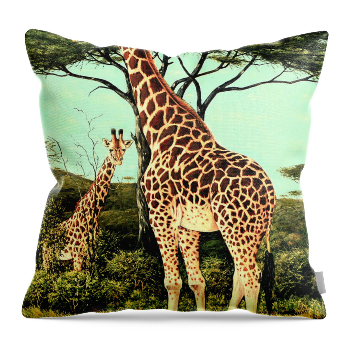 Giraffes Throw Pillow featuring the painting Serengeti Giraffes by Charles Berry