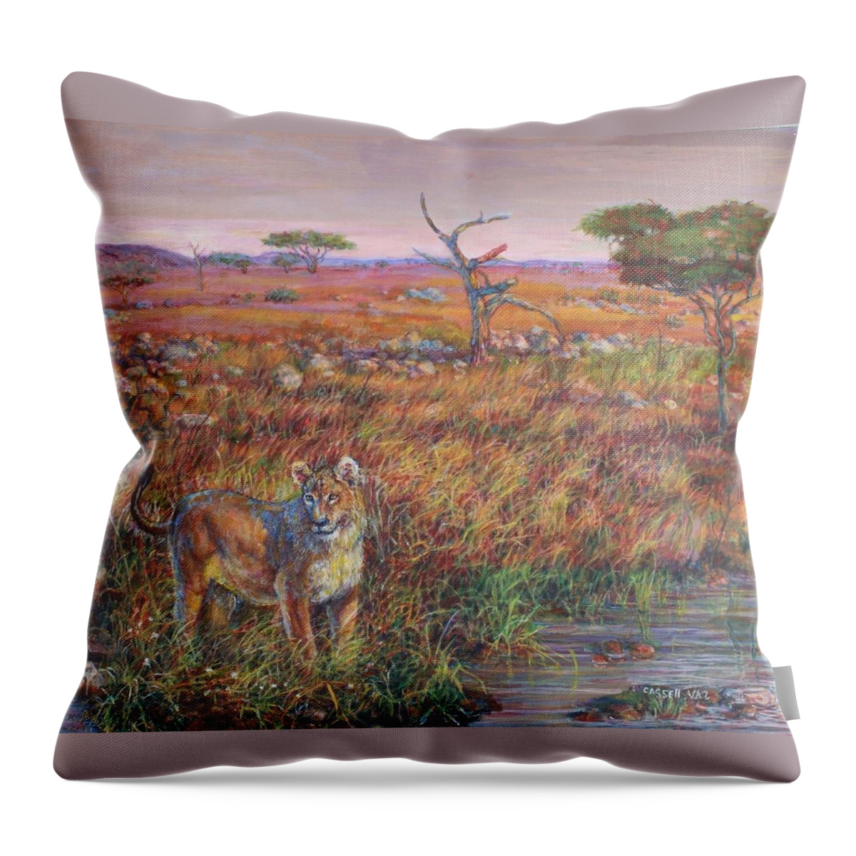 Africa Throw Pillow featuring the painting Serengeti Lioness by Veronica Cassell vaz