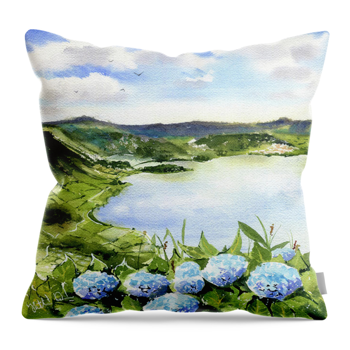 Sete Cidades Throw Pillow featuring the painting Sete Cidades in Azores Sao Miguel Painting by Dora Hathazi Mendes