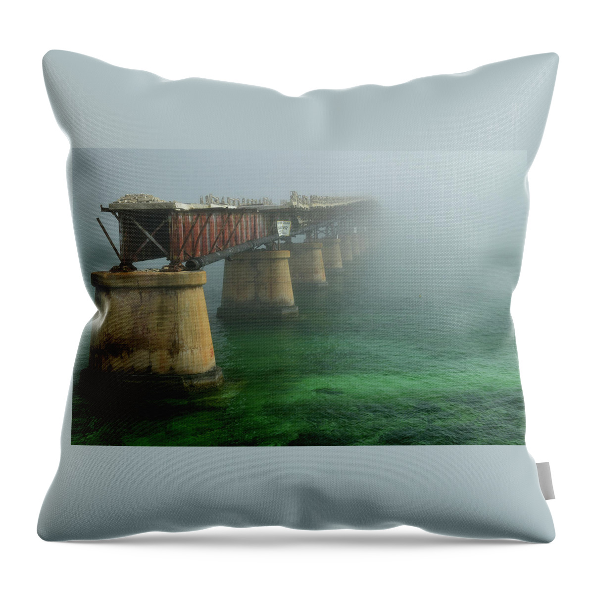 Seven Mile Bridge Throw Pillow featuring the photograph Seven Mile Bridge in Fog by Dean Hueber