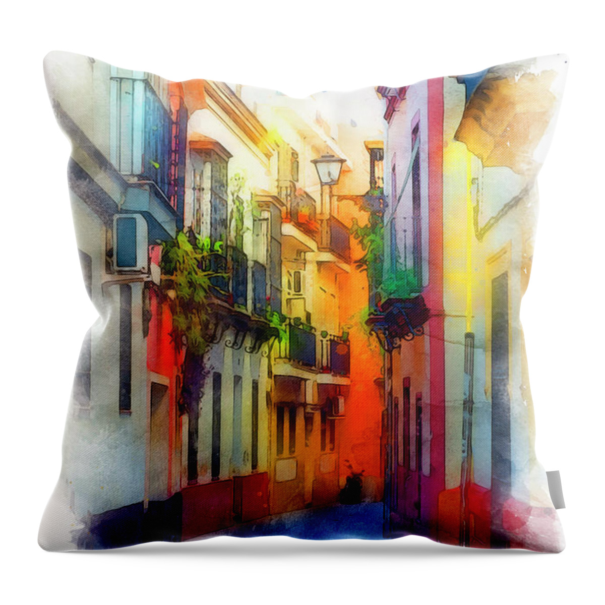 Sevilla Throw Pillow featuring the painting Seville, the colorful streets of Spain - 37 by AM FineArtPrints