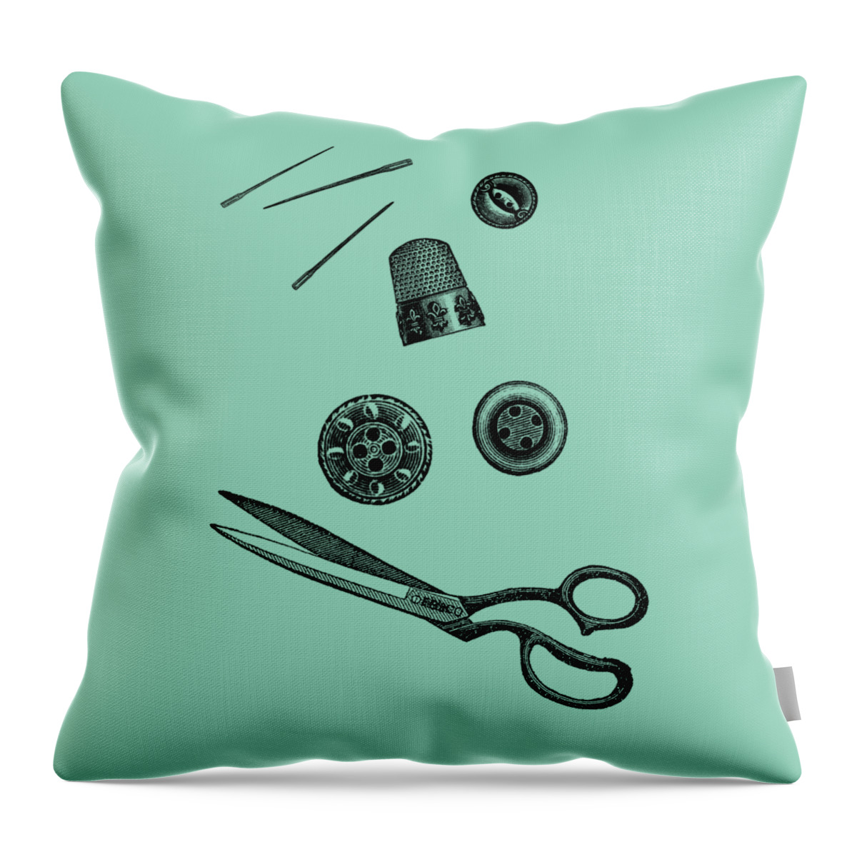Sewing Throw Pillow featuring the digital art Sewing Supplies In Black And White by Madame Memento