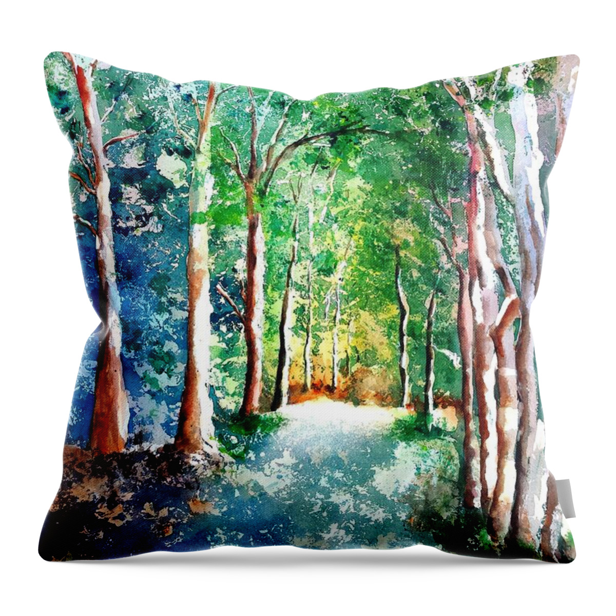 Trees Throw Pillow featuring the painting Shady Tree Lined Country Road by Carlin Blahnik CarlinArtWatercolor