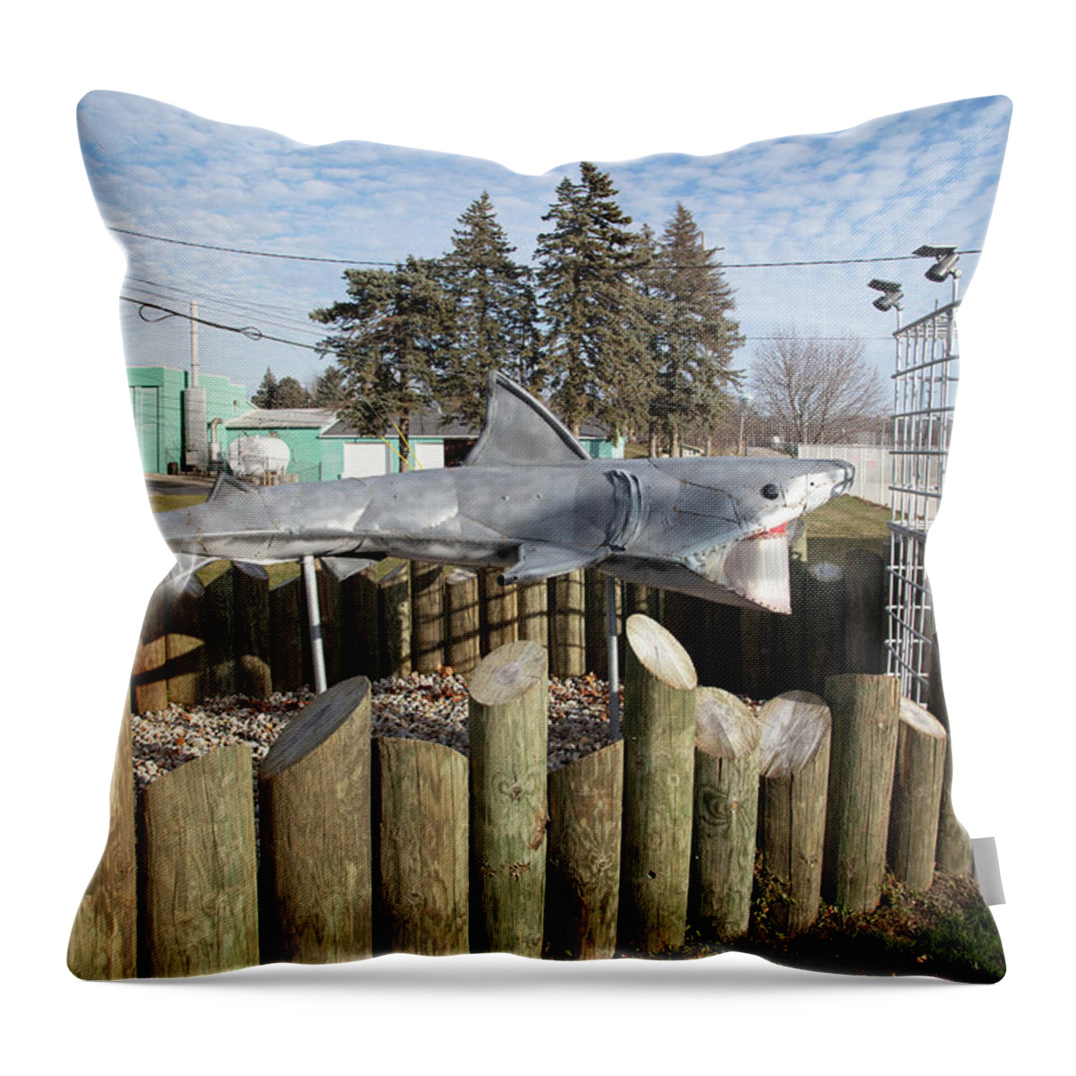 Americana Michigan Throw Pillow featuring the photograph Shark headed into cage in rural Michigan by Eldon McGraw