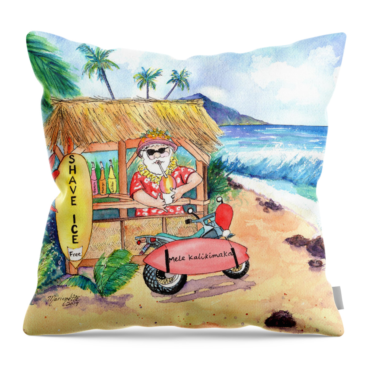 Santa Throw Pillow featuring the painting Shave Ice Santa by Marionette Taboniar