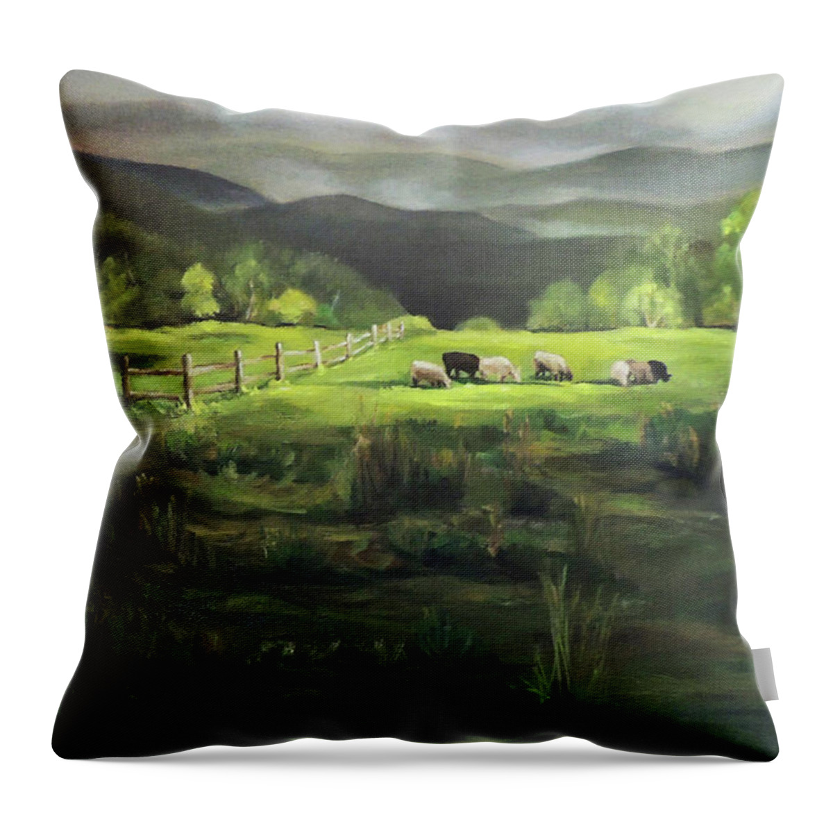 Green Mountains Throw Pillow featuring the painting Sheep of Norwich Vermont by Nancy Griswold