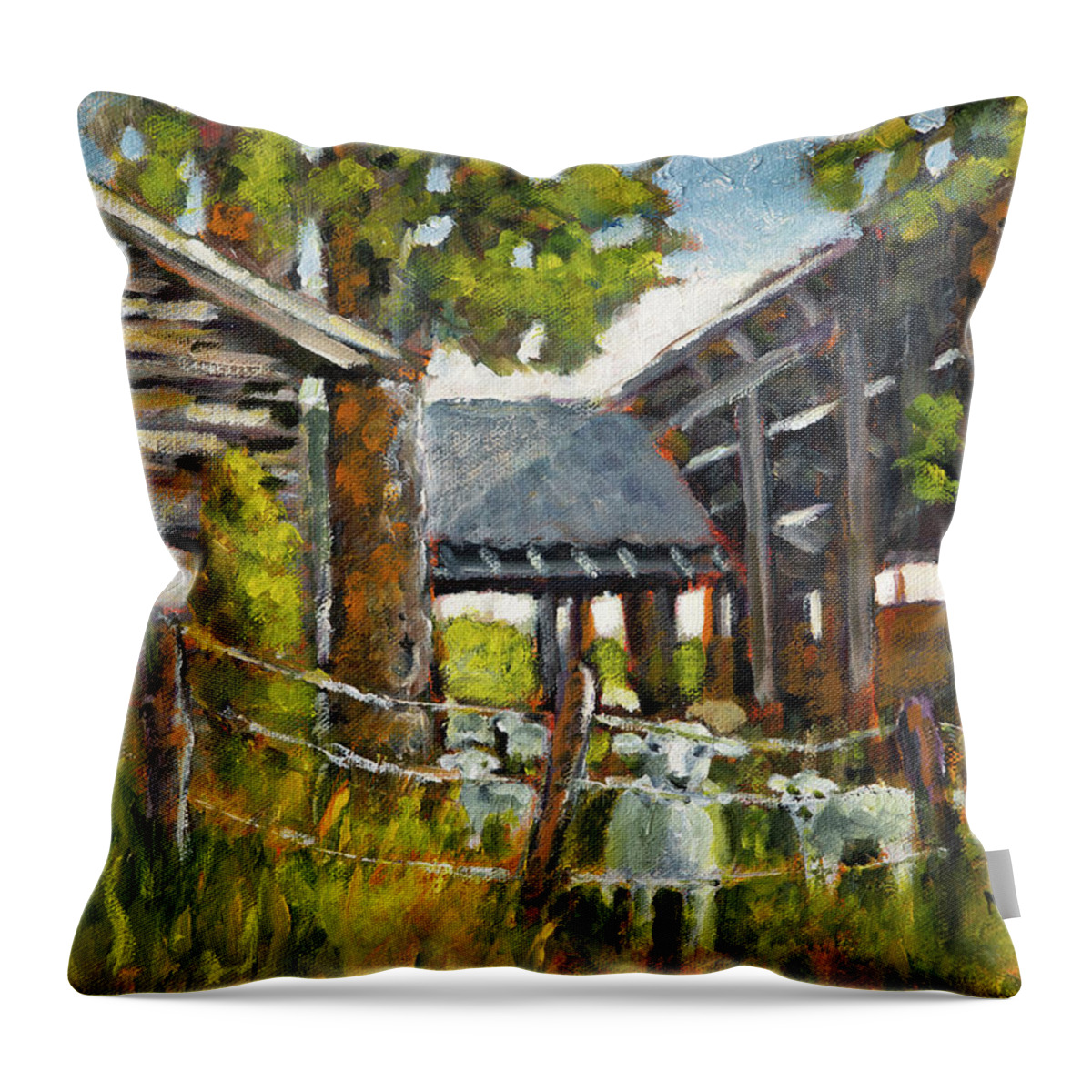 Sheep Throw Pillow featuring the painting Sheep Shed at Tyee by Mike Bergen